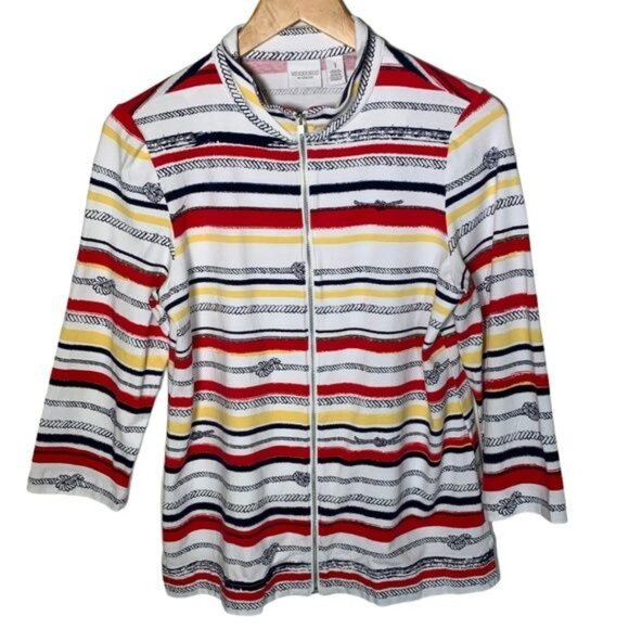 Chicos Weekends Zip Jacket Medium Red Yellow Stripe Knit Casual - Picture 1 of 12